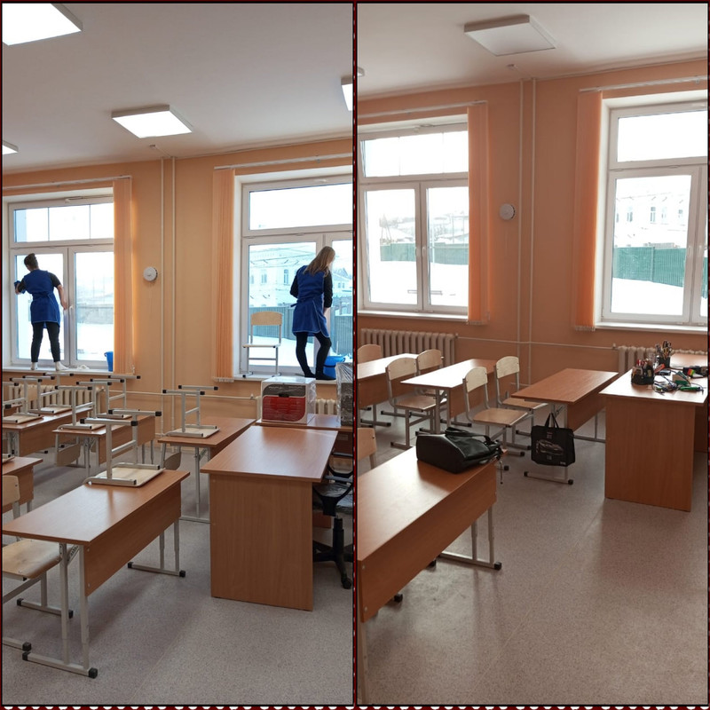 чистка стёкол новой школы после строительства и ремонта